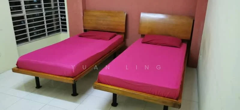 Bedroom features: two single beds with wooden frames, pink bed linens, wooden headboards, white tiled flooring, light green painted walls, large window with horizontal slats, curtains, decorative wall in pink.