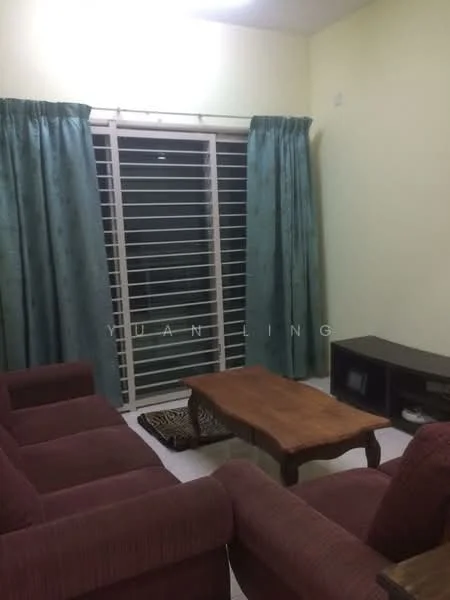 Living features: red fabric 3-seater sofa, red fabric armchair, wood coffee table, TV console, floor-to-ceiling windows, sliding window with horizontal bars, light green painted walls, curtains in teal color, tile flooring.