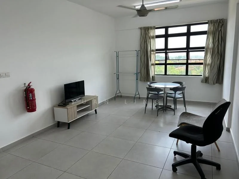 Living features: grey tiled flooring, white painted walls, 5-blade ceiling fan with light, large windows with black frames, curtains with geometric pattern, TV console in light wood, flat-screen TV, round dining table with four chairs, freestanding clothes rack, fire extinguisher mounted on wall, office chair; style: modern; view: garden.