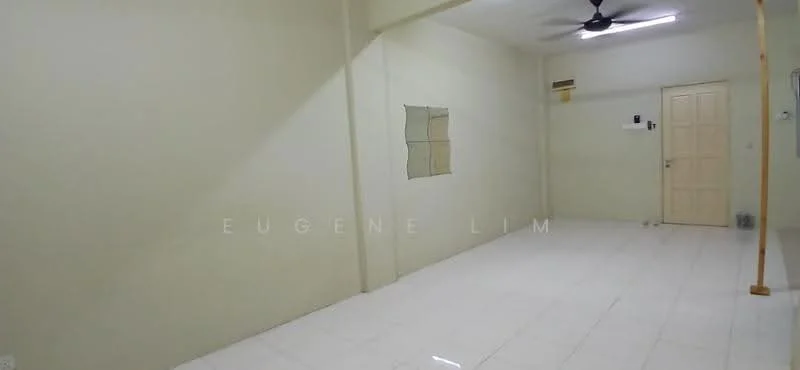 Room features: white painted walls, white tiled flooring, ceiling fan, single door, window with no treatment, light fixture on ceiling.