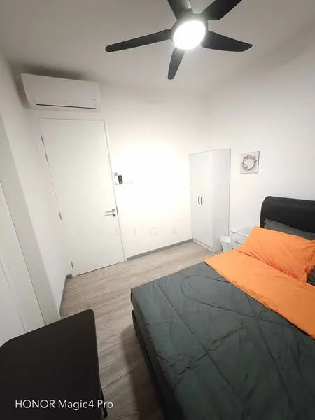 Bedroom features: queen-size bed with grey bedding, orange throw pillow, wooden flooring, 5-blade ceiling fan with light, wall-mounted air conditioning unit, white painted walls, built-in wardrobe with sliding doors, nightstand, door leading to hallway; style: modern.
