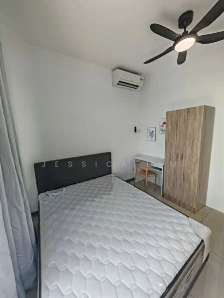 Bedroom features: queen-size bed, upholstered headboard, wall-mounted split AC, ceiling fan with light, wooden wardrobe, study desk, chair, grey curtains, tile flooring, white painted walls; style: modern.