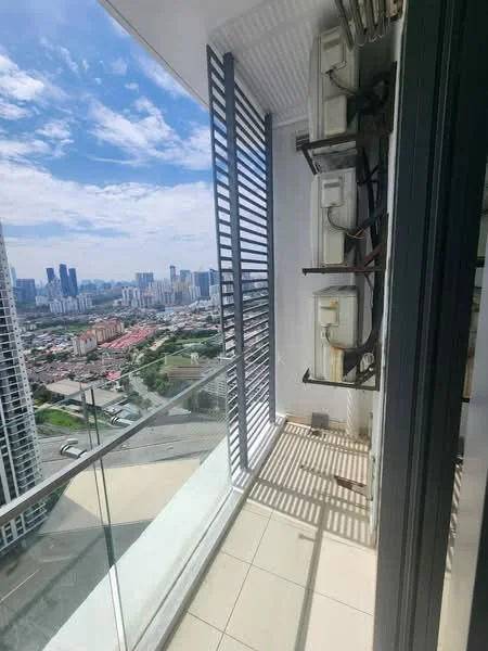 Room features: glass balcony railing, sliding glass door, floor-to-ceiling windows, city skyline view, white tiled flooring, metal louvered shutters, exposed air conditioning units; style: modern; view: city.