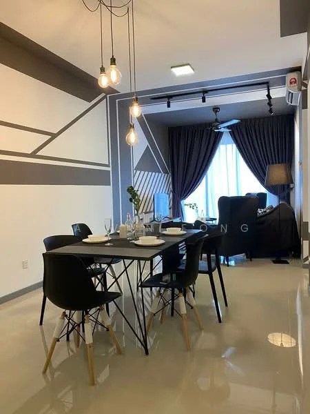 Dining features: black dining table, 4 black dining chairs with wooden legs, white plates, wine glasses, decorative plant on table, grey accent wall, white painted walls, polished tile flooring, hanging pendant lights, floor-to-ceiling windows with dark curtains, sofa in background, air conditioning unit on wall; style: modern.