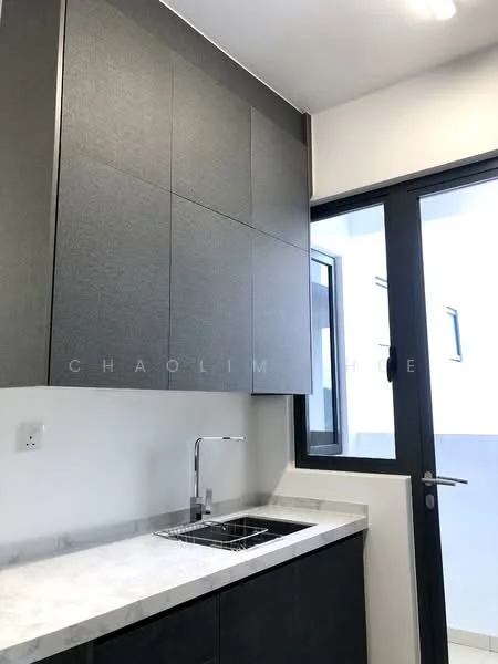 Kitchen features: black cabinetry, marble countertop, single-bowl stainless-steel sink, chrome pull-down faucet, wall-mounted cabinets, window with black frame, grey wall, light fixture; style: modern.
