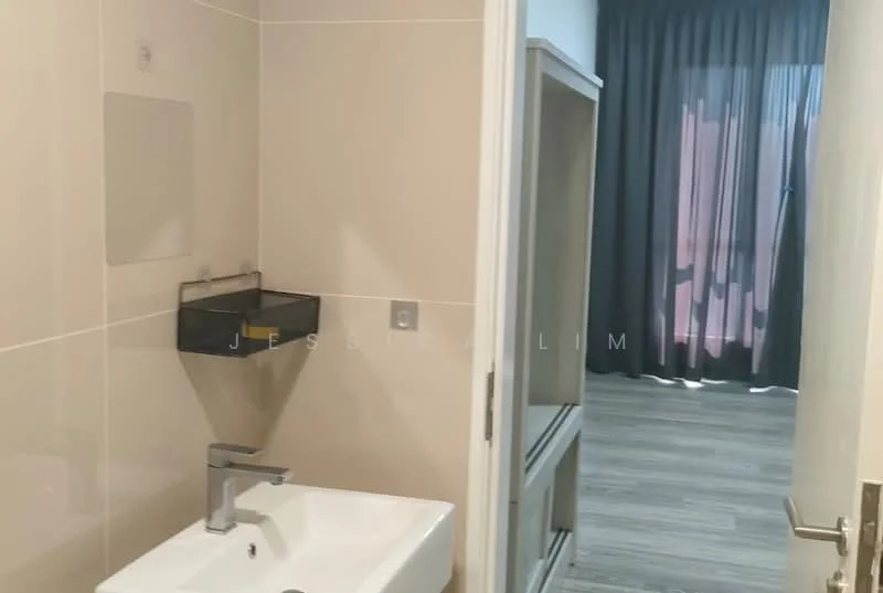 Room features: white tiled walls, light grey flooring, single-bowl sink, chrome faucet, black wall-mounted shelf, floor-to-ceiling curtains, wooden cabinetry, natural light from window; style: modern.