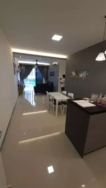 Living features: polished ceramic tile flooring, grey accent wall, white painted walls, 5-blade ceiling fan with light, recessed LED downlights, floor-to-ceiling windows, sheer curtains, sofa in black, dining table with white chairs, kitchen island with countertop, decorative wall art; style: modern; view: garden.