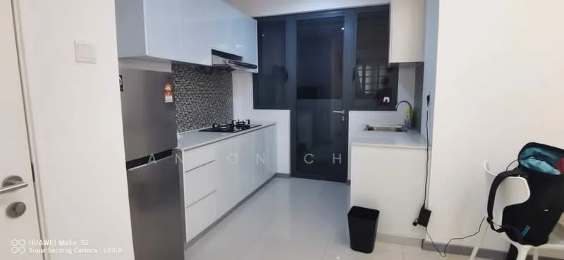 Kitchen features: white cabinetry, grey backsplash with mosaic pattern, stainless-steel gas hob, built-in oven, stainless-steel fridge, single-bowl stainless-steel sink, chrome pull-down faucet, white countertop, tile flooring, window with black frame, wall-mounted range hood; style: modern.