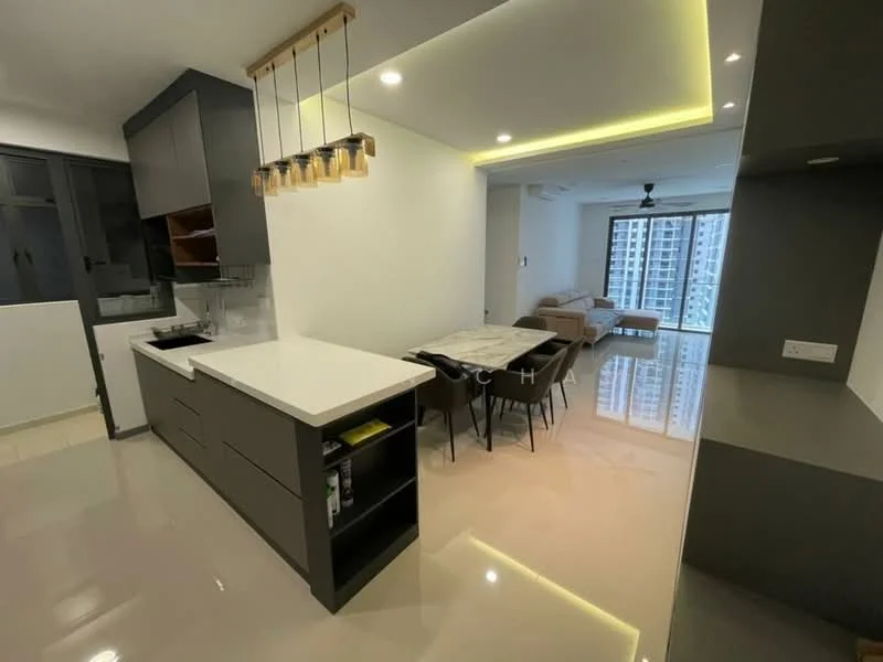 Kitchen features: white quartz countertop, grey cabinetry, stainless-steel sink, chrome pull-down faucet, built-in oven, 4-burner gas hob, pendant lighting, open shelving, tile backsplash, recessed downlights; style: modern. Dining features: 6-seater dining table, upholstered dining chairs, floor-to-ceiling windows, polished tile flooring; style: modern; view: city. Living features: sofa, coffee table, TV console, floor-to-ceiling windows, recessed downlights; style: modern; view: city.