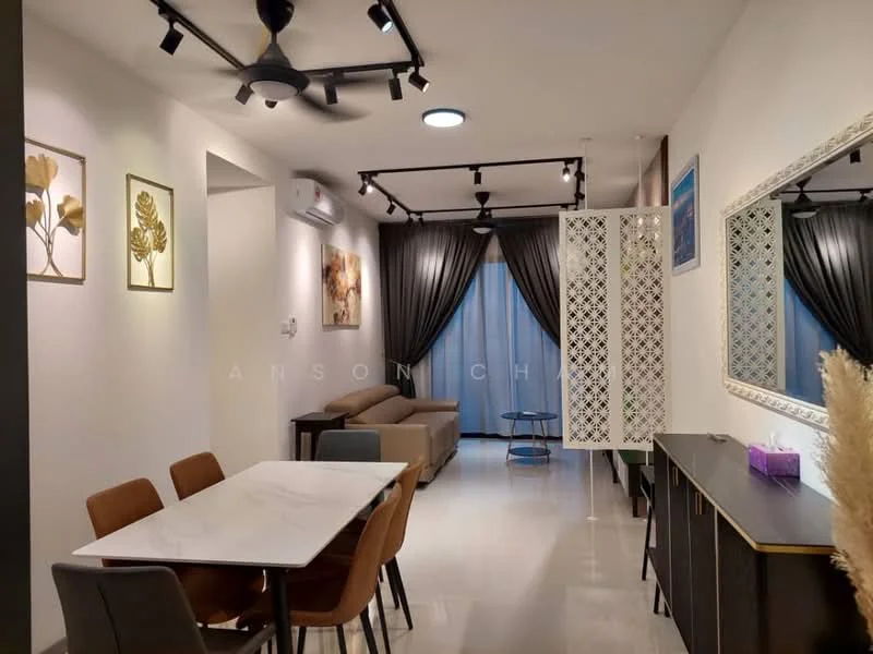 Dining features: white marble dining table, 4 upholstered dining chairs in brown, wall-mounted mirror, decorative wall art with botanical prints, recessed LED downlights, black cabinetry, floor-to-ceiling windows with sheer curtains, grey sofa in living area visible, decorative screen partition, light-colored flooring; style: modern.