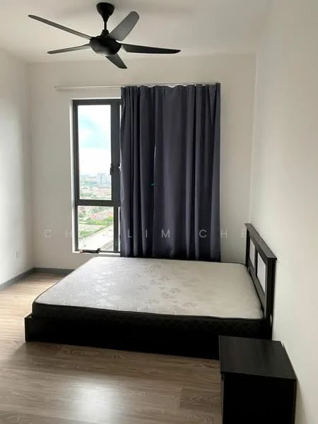 Bedroom features: wooden flooring, white painted walls, floor-to-ceiling window, grey curtains, ceiling fan, queen-size bed frame, mattress on bed frame, nightstand; style: modern; view: city.