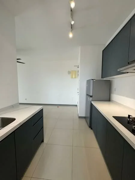 Kitchen features: single-bowl stainless-steel sink, chrome pull-down faucet, black cabinetry, white quartz countertop, built-in gas hob, stainless-steel fridge, tile flooring, recessed downlights, open layout, wall-mounted cabinets, kitchen island, neutral wall colour; style: modern.