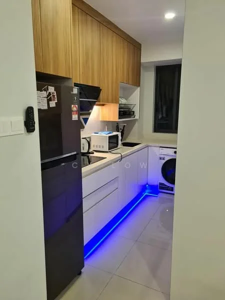 Kitchen features: white cabinetry with flat-panel design, wooden upper cabinets, black refrigerator, built-in microwave, stainless-steel sink, chrome pull-down faucet, black countertop, white tiled backsplash, washing machine, LED strip lighting under cabinets, ceramic tile flooring, window with city view; style: modern; view: city.