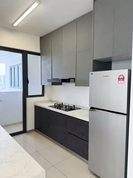 Kitchen features: grey upper cabinets, black lower cabinets, white marble countertop, stainless-steel fridge, 2-burner gas hob, white tiled backsplash, floor-to-ceiling windows, sliding glass door, tile flooring, recessed LED downlights; style: modern; view: city.