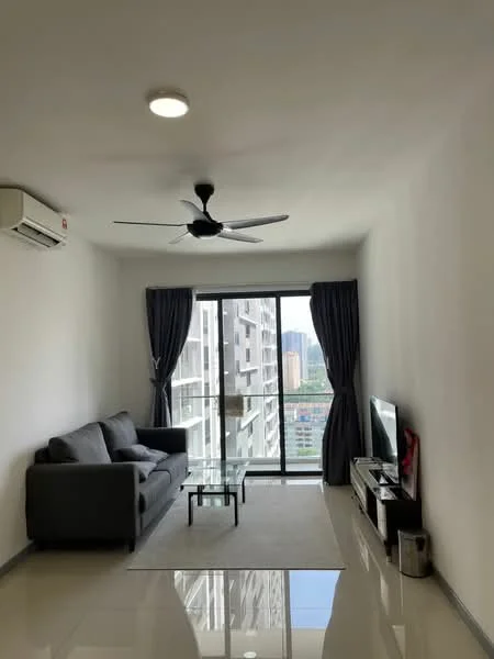 Living features: 3-seater fabric sofa in grey, glass coffee table, wall-mounted TV, TV console, floor-to-ceiling windows, sliding glass door, blackout curtains, 5-blade ceiling fan with light, wall-mounted split AC, polished tile flooring, white painted walls; style: modern; view: city.
