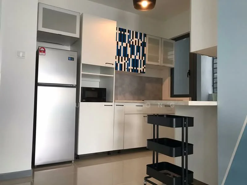 Kitchen features: stainless-steel fridge, built-in microwave, white cabinetry, grey countertop, tile backsplash, open shelving, black rolling cart, glossy floor tiles, single-bowl stainless-steel sink, chrome pull-down faucet, pendant light, window with view; style: modern.