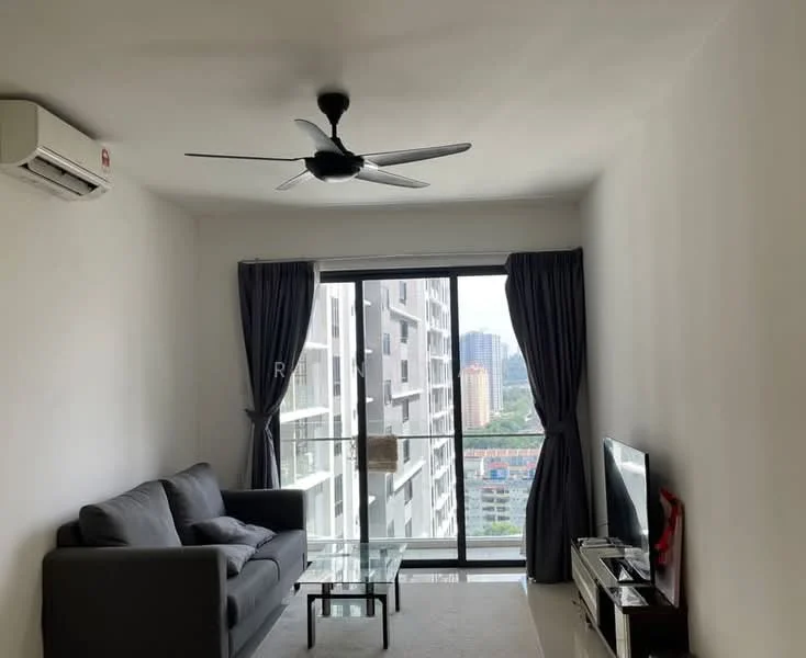 Living features: 3-seater fabric sofa in grey, glass coffee table, wall-mounted TV, TV console, floor-to-ceiling windows, sliding glass door, curtains in dark grey, 1 wall-mounted split AC, light-colored carpet flooring, ceiling fan with light; style: modern; view: city.