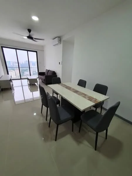 Dining features: 6-seater dining table with marble top, upholstered dining chairs in grey, floor-to-ceiling windows, city view, polished ceramic tile flooring, ceiling fan, air conditioning unit, light-colored painted walls, sofa in living area visible in background, neutral decor; style: modern; view: city.