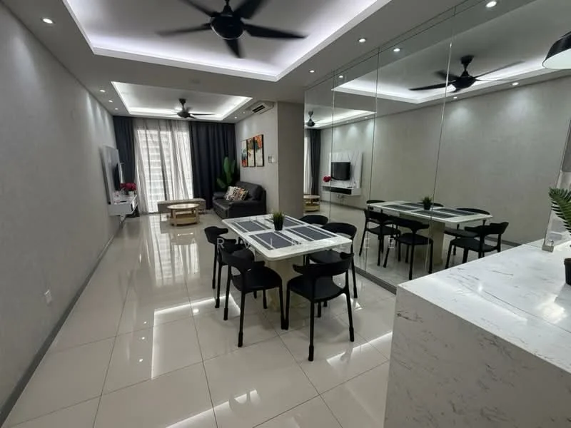 Living features: white painted walls, marble tile flooring, tray ceiling with recessed lighting, 5-blade ceiling fan with light, sofa in dark grey fabric, coffee table, TV console, wall-mounted TV, decorative wall art, large windows with sheer curtains, dining table with 6 black chairs, mirrored wall, indoor plants; style: modern.