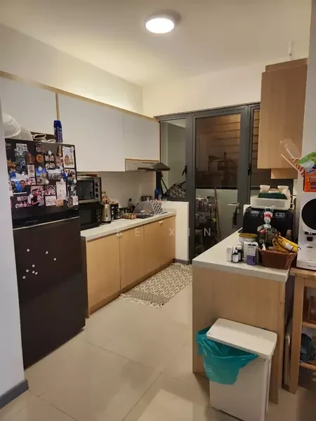 Kitchen features: black fridge, white upper cabinets, wood lower cabinets, countertop with sink, single-bowl stainless-steel sink, chrome pull-down faucet, microwave, toaster, kettle, ceramic tile flooring, recessed ceiling light, window with view to outside, decorative rug, open shelving, trash bin; style: modern.