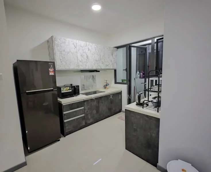 Kitchen features: black refrigerator, white marble countertop, grey cabinetry, stainless-steel sink, chrome pull-down faucet, built-in microwave, kettle, toaster, ceramic tile flooring, wall-mounted cabinets, window with black frame, open shelving, decorative items on shelves; style: modern.
