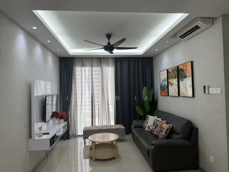 Living features: grey leather sofa, round coffee table, wall-mounted TV, white TV console, recessed ceiling lights, 5-blade ceiling fan with light, floor-to-ceiling windows, sheer curtains, dark grey curtains, decorative artwork on walls, light-colored wall with texture, glossy tile flooring, indoor plant; style: modern; view: city.