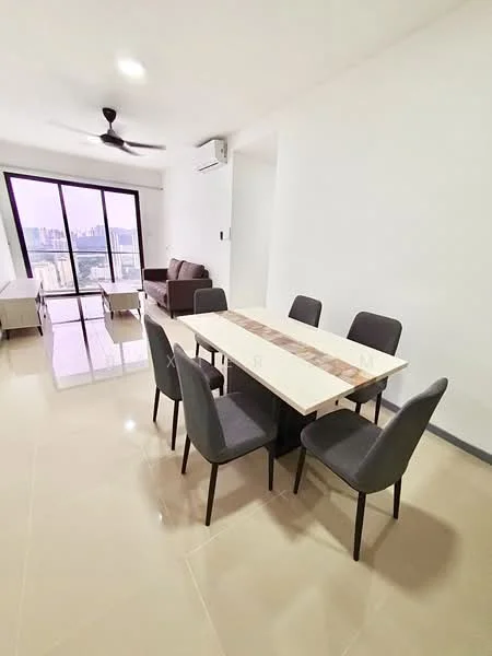 Dining features: 6-seater dining table, grey upholstered dining chairs, white tabletop with wooden inlay, pendant light, floor-to-ceiling windows, city view, cream tiled flooring, air conditioning unit, ceiling fan; style: modern; view: city. Living features: fabric sofa in brown, coffee table, TV console, wall-mounted TV; style: modern; view: city.