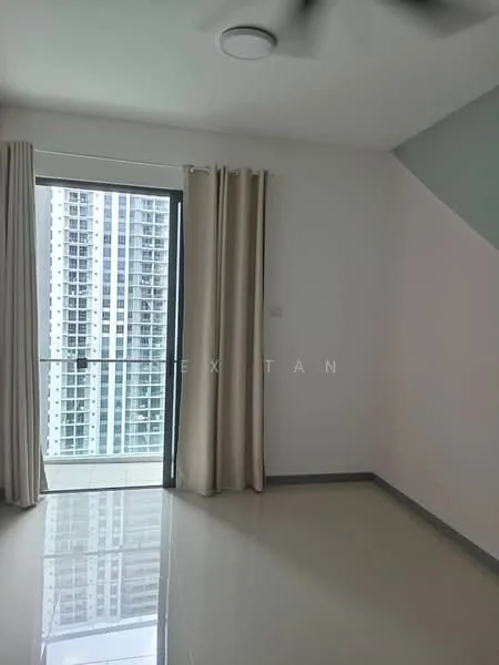 Room features: floor-to-ceiling windows, sliding glass door, sheer curtains, cream painted walls, light grey accent wall, polished tile flooring, 5-blade ceiling fan, balcony view, natural light; style: modern; view: city.