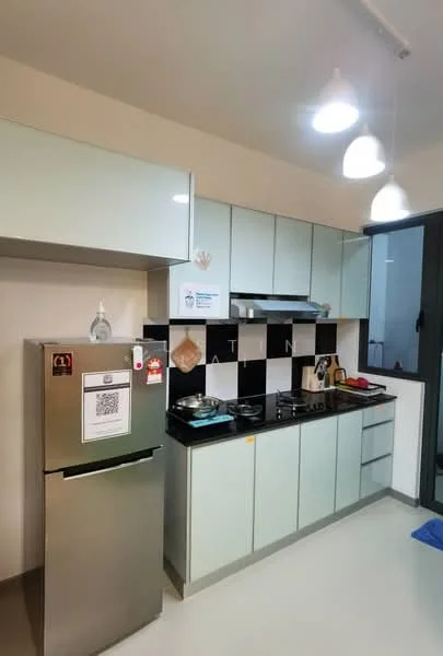 Kitchen features: light green cabinetry, black and white tiled backsplash, stainless-steel fridge, built-in gas stove with multiple burners, exhaust hood, countertop with space for appliances, open shelving, pendant lighting, white walls, grey flooring; style: modern.
