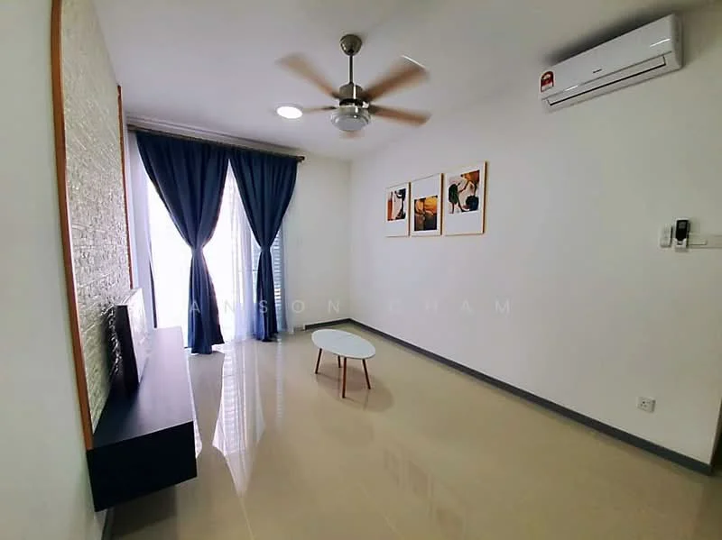 Living features: white painted walls, glossy tile flooring, 5-blade ceiling fan with light, wall-mounted air conditioning unit, floor-to-ceiling windows with sheer curtains, TV console, round coffee table, decorative artwork on walls; style: modern.