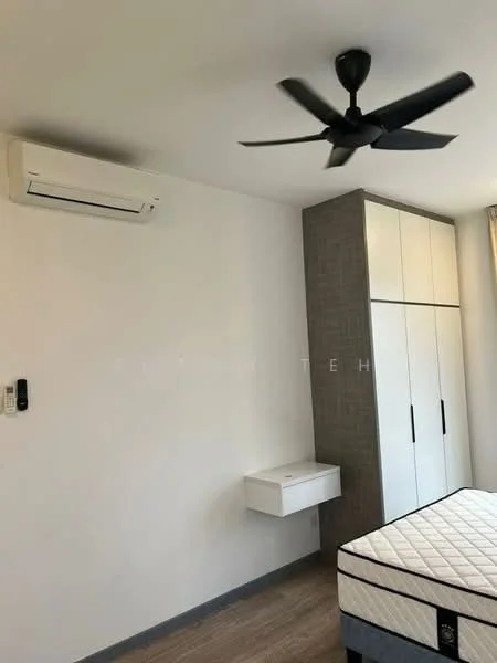 Bedroom features: wall-mounted split AC, 5-blade ceiling fan in black, white painted walls, wooden flooring, built-in wardrobe with white doors, grey accent wall, bedside table, mattress on bed frame; style: modern.