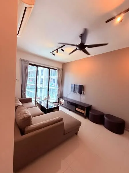 Living features: 3-seater fabric sofa in beige, coffee table, wall-mounted TV, TV console, 2 round ottomans, 5-blade ceiling fan with light, recessed LED downlights, floor-to-ceiling windows, curtains, cream painted walls, light-colored tiled flooring; style: modern; view: city.