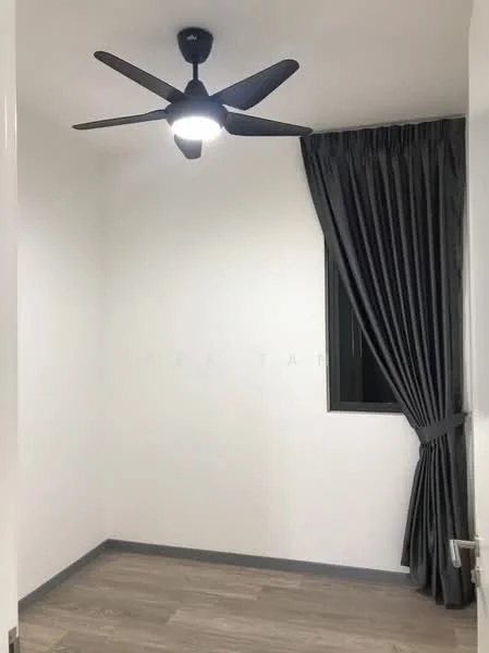 Room features: white painted walls, wooden flooring, 5-blade ceiling fan with integrated LED light, grey curtains, single window.