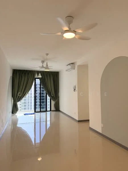 Living features: white painted walls, glossy tile flooring, 5-blade ceiling fan with light, floor-to-ceiling windows, sliding glass door, sheer curtains, green drapes, air conditioning unit, arched doorway, recessed lighting; style: modern; view: city.