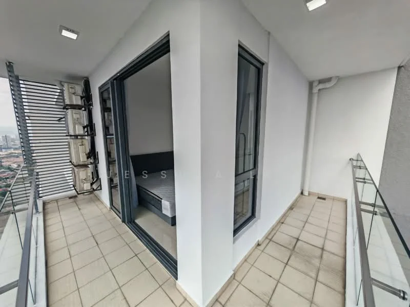 Room features: white painted walls, floor-to-ceiling windows, sliding glass door, tile flooring, balcony with glass railing, outdoor space, city view; style: modern; view: city.