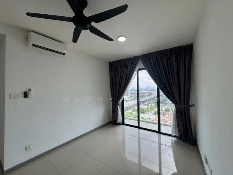 Room features: floor-to-ceiling windows, grey curtains, white painted walls, polished ceramic tile flooring, 1 wall-mounted split AC, recessed LED downlight, ceiling fan, city view; style: modern; view: city.