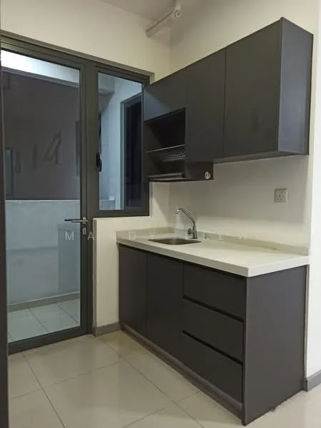 Kitchen features: grey cabinetry with flat-panel doors, white countertop, single-bowl stainless-steel sink, chrome pull-down faucet, built-in dish rack, tile backsplash, ceramic tile flooring, floor-to-ceiling window, sliding glass door, natural light from window; style: modern.