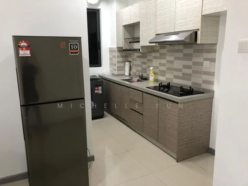 Kitchen features: grey laminate cabinetry, white countertop, stainless-steel sink, chrome pull-down faucet, built-in gas hob with 2 burners, stainless-steel range hood, grey and beige tiled backsplash, refrigerator, washing machine, wall-mounted cabinets, tile flooring, window for natural light; style: modern.