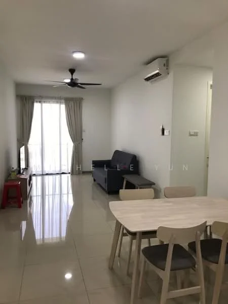 Living features: grey fabric sofa, 3-seater sofa, white walls, glossy tile flooring, ceiling fan, recessed downlights, floor-to-ceiling windows, sheer curtains, TV console, small red side table, dining table with 4 chairs; style: modern.