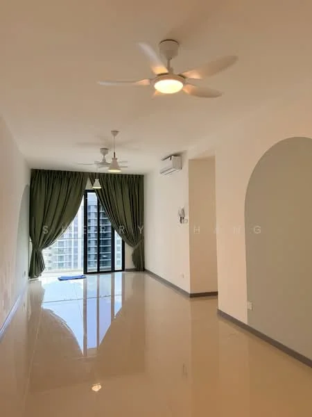 Living features: white painted walls, glossy tile flooring, 5-blade ceiling fan with light, floor-to-ceiling windows, sliding glass door, green curtains, air conditioning unit, arched doorways; style: modern; view: city.