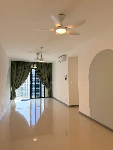 Living features: white painted walls, glossy tile flooring, 5-blade ceiling fan with light, floor-to-ceiling windows, green curtains, air conditioning unit, arched doorway, natural light from windows; style: modern; view: city.