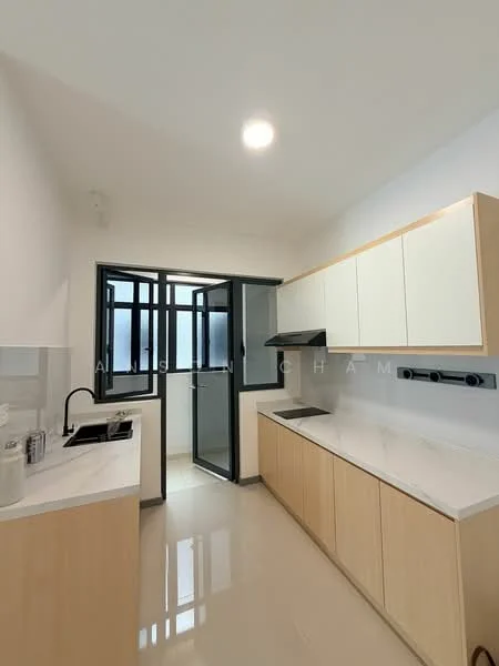 Kitchen features: white cabinets with flat-panel design, light wood cabinetry, white marble countertop, single-bowl stainless-steel sink, chrome pull-down faucet, built-in stove with hood, window with black frame, open layout, recessed downlights, cream tiled flooring; style: modern.
