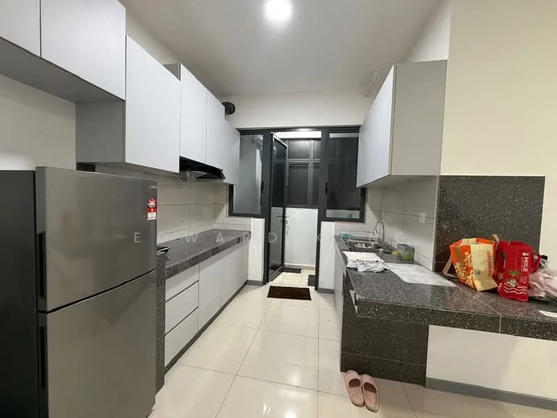 Kitchen features: grey cabinetry, white upper cabinets, black granite countertop, stainless-steel fridge, built-in oven, 4-burner gas hob, single-bowl stainless-steel sink, chrome pull-down faucet, ceramic tile flooring, wall-mounted range hood, window with black frame, open shelving, kitchen island, white tiled backsplash, recessed downlights; style: modern.
