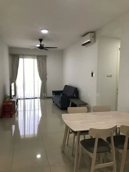 Living features: grey fabric sofa, wooden dining table, 4 wooden dining chairs, floor-to-ceiling windows, sheer curtains, white painted walls, polished tile flooring, ceiling fan, wall-mounted split AC, TV console, decorative wall art; style: modern.