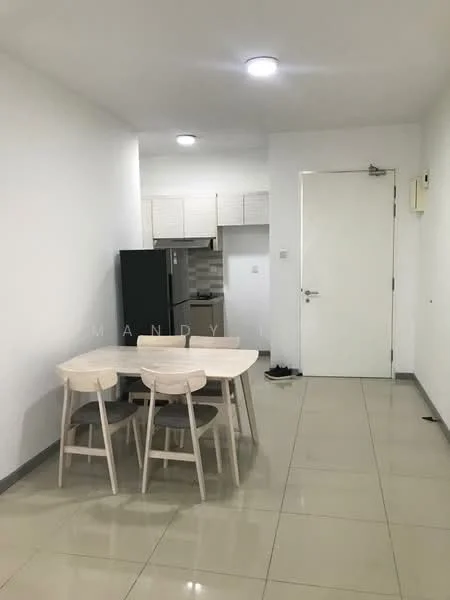 Room features: white painted walls, glossy tile flooring, recessed ceiling lights, dining table with four chairs, black refrigerator, kitchen area visible in background, door leading to another room, no visible window treatments; style: modern.