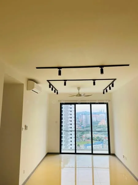 Living features: white painted walls, polished tile flooring, 5-blade ceiling fan with light, track lighting, floor-to-ceiling windows, city skyline view, wall-mounted split AC; style: modern; view: city.