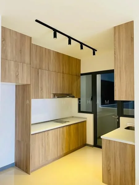 Kitchen features: wood cabinetry, white countertop, stainless-steel sink, chrome pull-down faucet, built-in oven, 4-burner gas hob, track lighting, floor-to-ceiling windows, sliding glass door, cream painted walls, polished tile flooring; style: modern.