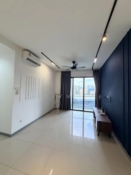 Living features: white painted walls, dark blue accent wall, glossy tile flooring, 5-blade ceiling fan with light, wall-mounted air conditioning unit, floor-to-ceiling sliding glass door, curtains, TV console, decorative wall paneling; style: modern; view: city.