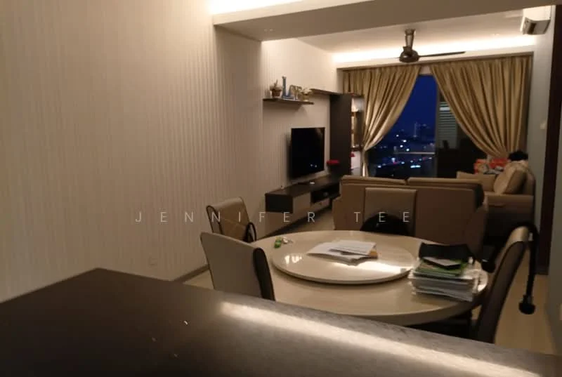 Living features: cream painted walls, recessed downlights, 5-blade ceiling fan with light, floor-to-ceiling windows, curtains, wall-mounted TV, TV console, 3-seater fabric sofa in beige, coffee table, round dining table, upholstered dining chairs, decorative items on shelves, city skyline view; style: modern; view: city.
