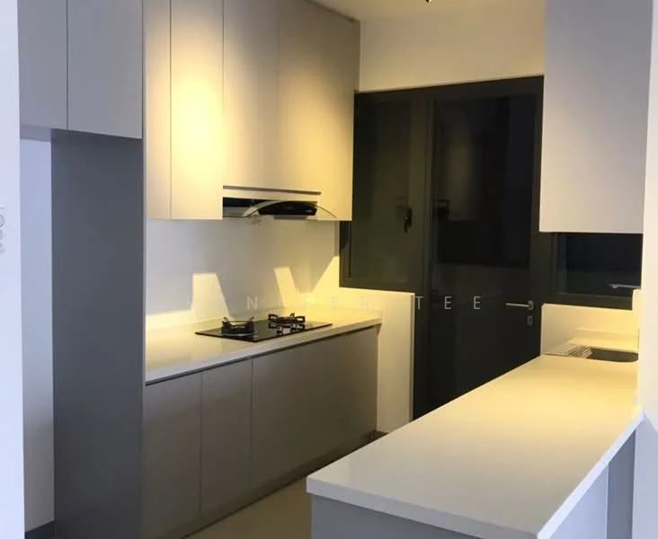 Kitchen features: light grey cabinetry, white countertop, built-in gas hob, stainless-steel range hood, wall-mounted cabinets, open shelving, single-bowl stainless-steel sink, sliding glass door, recessed downlights, neutral tile flooring; style: modern.